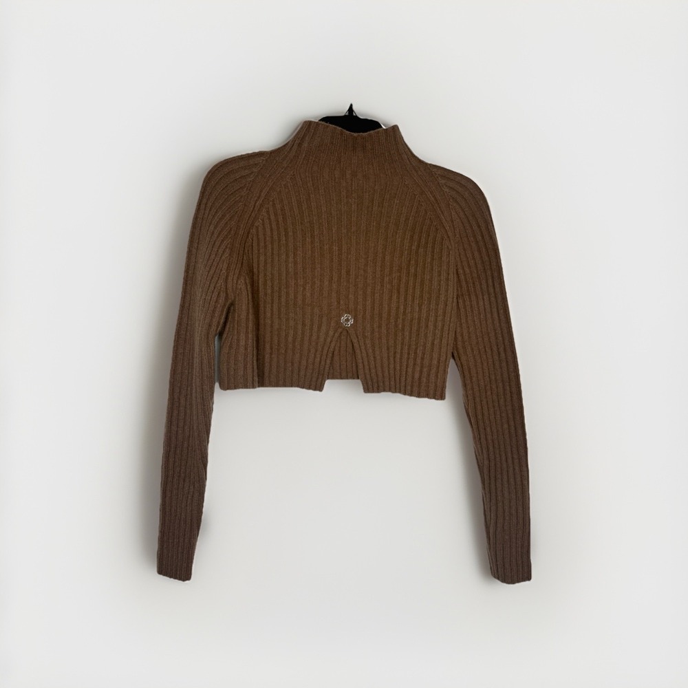 Maje Rage Cropped Mock Neck Sweater Brown Ribbed Wool Size 36